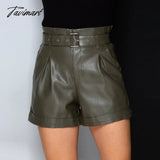 Tavimart High Waist Pu Leather Shorts Fashion Solid Color Belt Spring Autumn Skinny Work Party Wear
