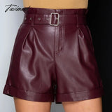 Tavimart High Waist Pu Leather Shorts Fashion Solid Color Belt Spring Autumn Skinny Work Party Wear