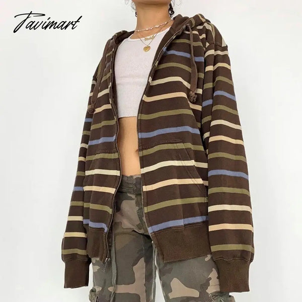 Tavimart Hip Hop Zip Up Hoodie Vintage Striped Loose Hooded Sweatshirt Jacket Harajuku Gothic Long