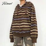 Tavimart Hip Hop Zip Up Hoodie Vintage Striped Loose Hooded Sweatshirt Jacket Harajuku Gothic Long