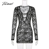Tavimart Hollow Out Print Appliques See - Through Mini Dress Cardigan Lace Embroidery Slim Bodycon
