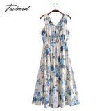 Tavimart Indie Folk Bohemian Style Vintage Floral Dress Print Overlapping Backless Cotton Party