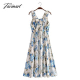 Tavimart Indie Folk Bohemian Style Vintage Floral Dress Print Overlapping Backless Cotton Party