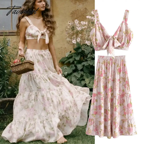 Tavimart Indie Folk Bohemian Vintage Floral Print Camisole Tanl And High Waist Midi Skirtstops Sets