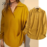 Tavimart Indie Folk Elegant Autumn England Style Fashion Shirt Women Simple Yellow Blusas Mujer De