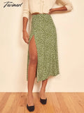 Tavimart Indie Skirt Folk France Style Vintage Polka Dot PrintSexy Forking High Waist Midi Skirt Women