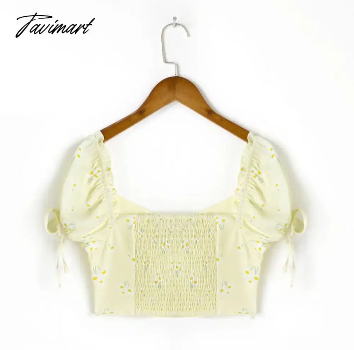 Tavimart Ins Blogger Fashion High Street Concealed Buckle Sexy Retro Floral Print Shirt Short Tops