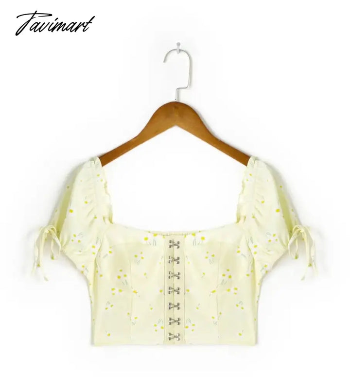 Tavimart Ins Blogger Fashion High Street Concealed Buckle Sexy Retro Floral Print Shirt Short Tops