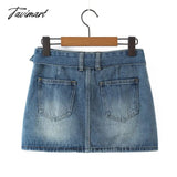 Tavimart Ins Fashion Blogger High Street Sexy Mini Denim Skirt Retro Washes Sashes A - Line Casual