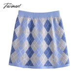 Tavimart Ins Fashion Knitted Mini Skirts Blogger Retro Houndstooth O - Neck Long Sleeve Knitwear