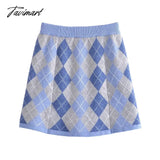 Tavimart Ins Fashion Knitted Mini Skirts Blogger Retro Houndstooth O - Neck Long Sleeve Knitwear