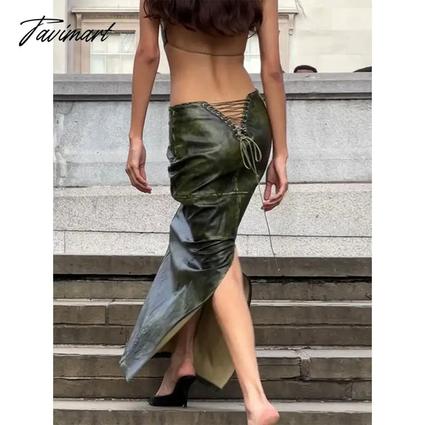 Tavimart Ins Style Fashion New Sexy Back Hollow Wear Rope Slit Slim Royal Sister Rub Color Pu Skirt