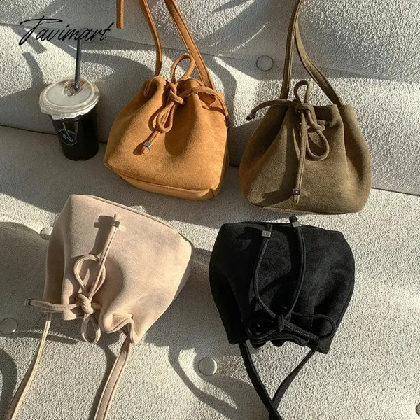 Tavimart Ins Suede Designer Luxury Bag Winter Retro Drawstring Crossbody Bucket Bags Long Strap