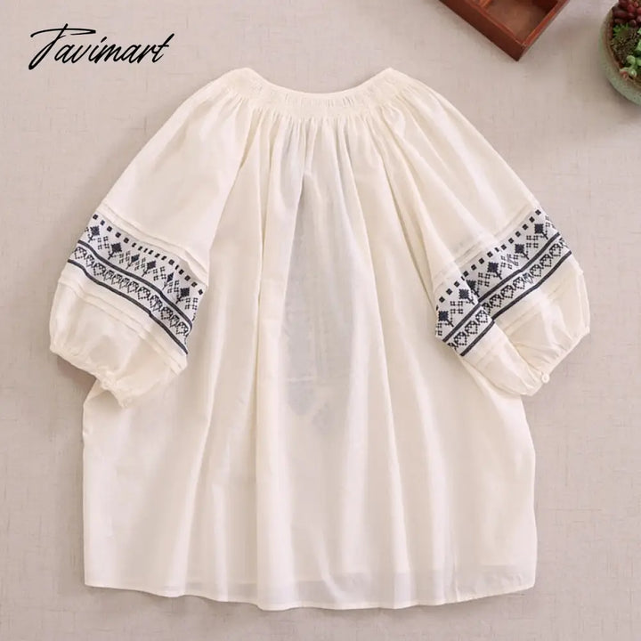 Tavimart Japan Style Mori Girl O - Neck Embroidery Half Sleeve Shirt Loose Cotton Blouse Women