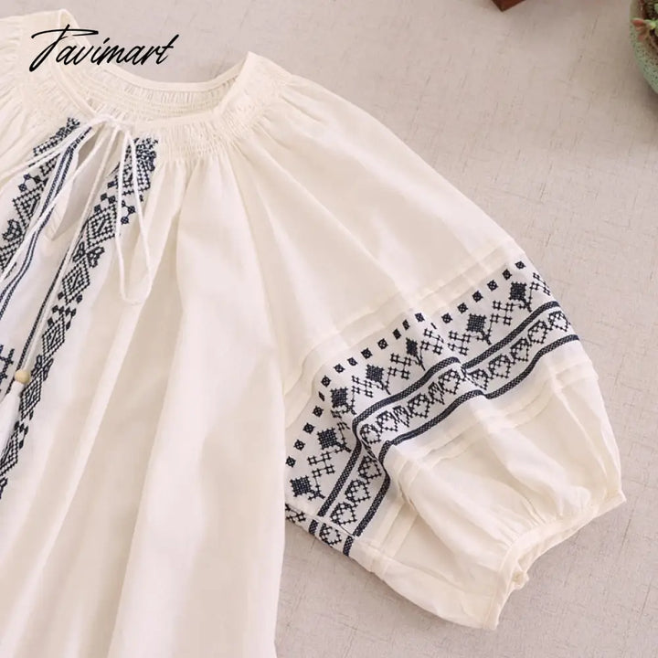 Tavimart Japan Style Mori Girl O - Neck Embroidery Half Sleeve Shirt Loose Cotton Blouse Women