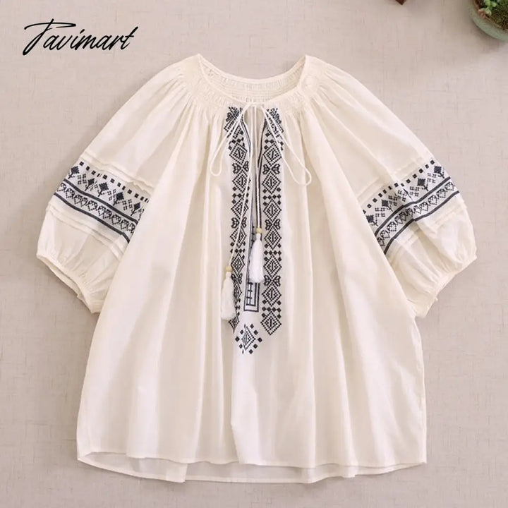 Tavimart Japan Style Mori Girl O - Neck Embroidery Half Sleeve Shirt Loose Cotton Blouse Women