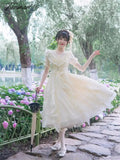 Tavimart Japanese Romantic Style Cosplay Lolita Girl Op Sweet Solid Ruffle Peter Pan Collar Puff Sleeve Ribbon Bowknot Elegant Dress