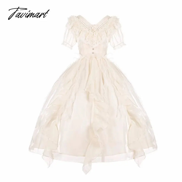 Tavimart Japanese Romantic Style Cosplay Lolita Girl Op Sweet Solid Ruffle Peter Pan Collar Puff