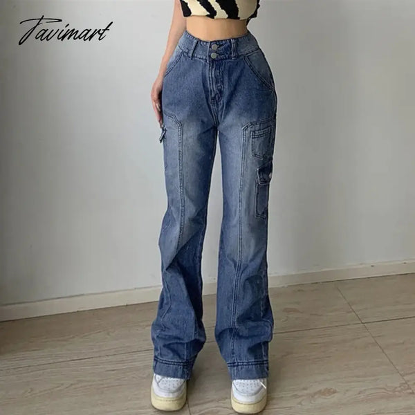 Tavimart Jeans For Women High - Waisted Straight Casual Pants Irregular Pocket Cargo Mopping