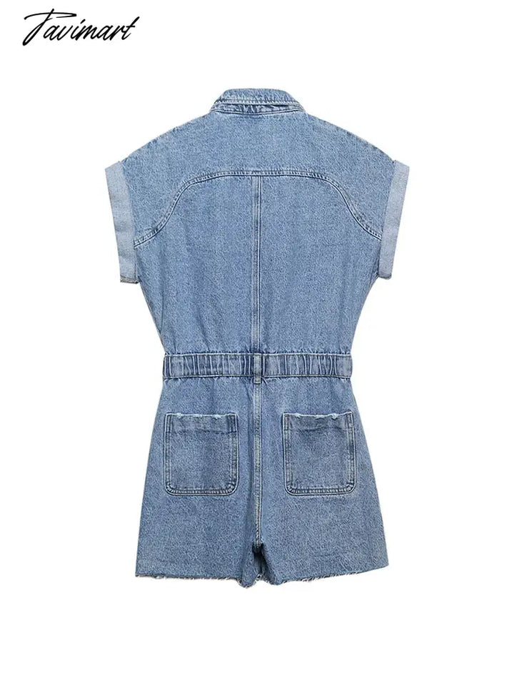 Tavimart Jumpsuit Women Summer Turn Up Short Sleeve Cotton Denim Romper With Pockets Lapel Button