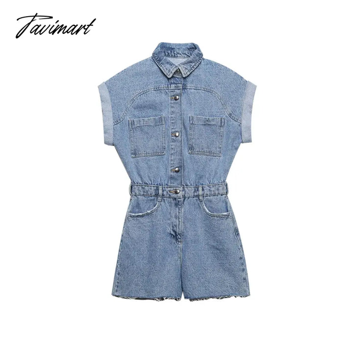 Tavimart Jumpsuit Women Summer Turn Up Short Sleeve Cotton Denim Romper With Pockets Lapel Button