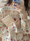 Tavimart Kawaii Gauze Pajamas Bear Print Sleepwear Cotton Korean Style Cardigan Home Clothes Long