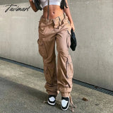 Tavimart Khaki Solid Baggy Cargo Pants Women Low Waist Mom Jeans Vintage 90S Grunge Streetwear
