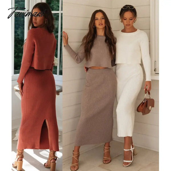 Tavimart Knitted 2 Pieces Set Women Pullovers Sweater Crop Tops & Skirts Bodycon Office Lady Suits