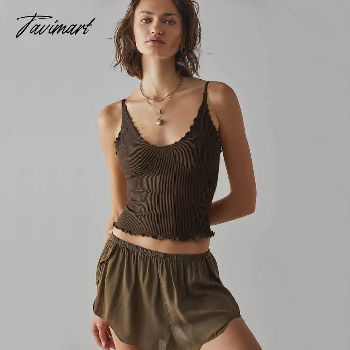 Tavimart Knitted Summer Tops Women Sexy Sleeveless Adjustable Strap Patchwork Slim Bodycon