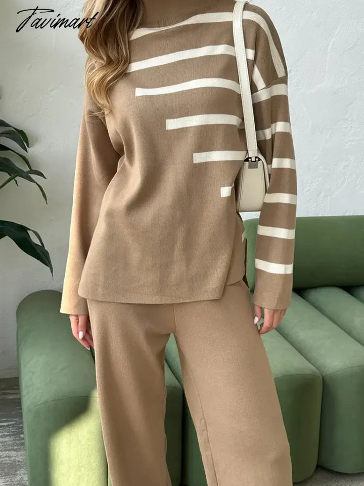 Tavimart Knitted Two Piece Women Sets Long Sleeve Loungewear Knit Tracksuit Set White Striped 2