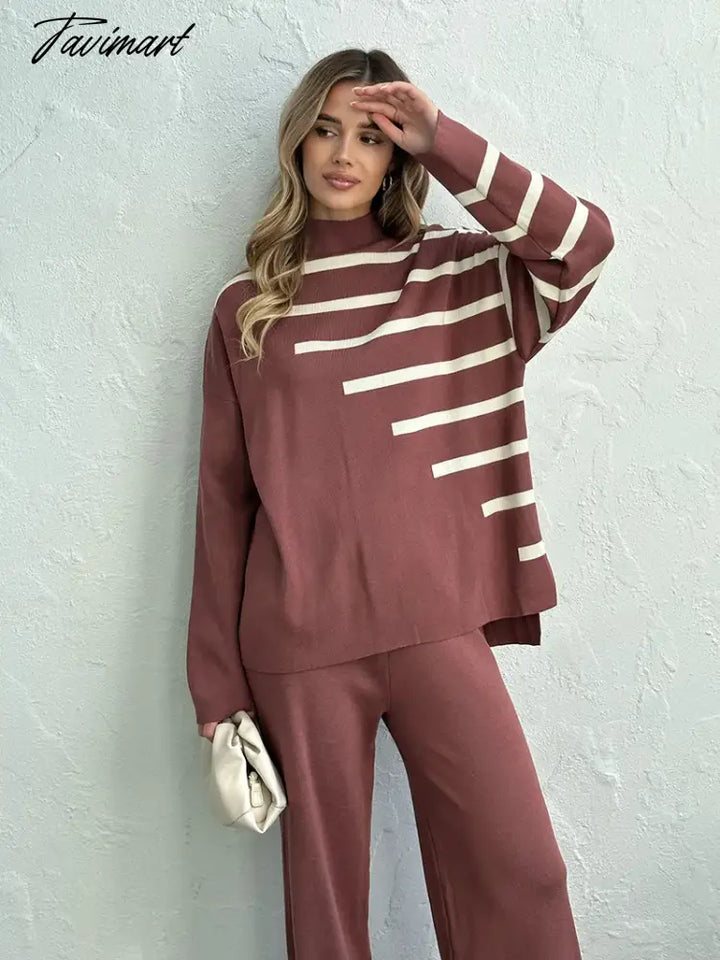 Tavimart Knitted Two Piece Women Sets Long Sleeve Loungewear Knit Tracksuit Set White Striped 2