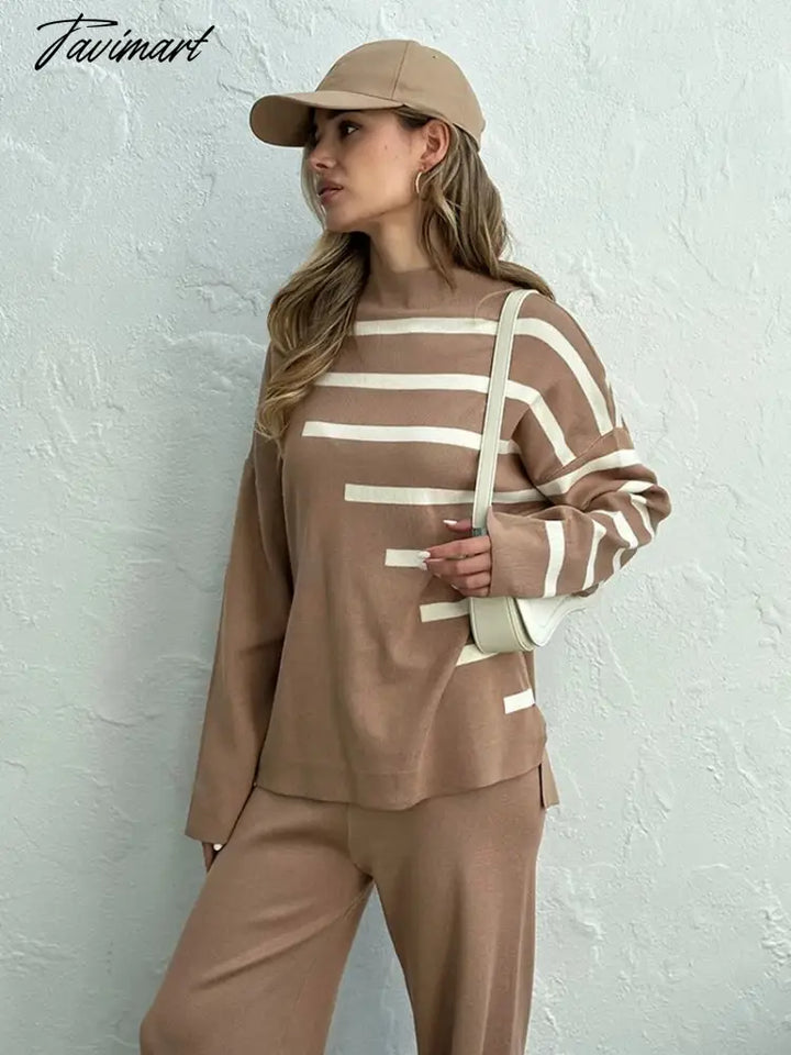 Tavimart Knitted Two Piece Women Sets Long Sleeve Loungewear Knit Tracksuit Set White Striped 2