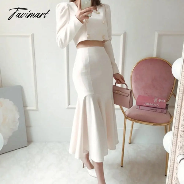 Tavimart Korean Autumn Women 2 Piece Set Office Ol Elegant Square Collar Puff Sleeve Crop Tops +