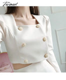 Tavimart Korean Autumn Women 2 Piece Set Office Ol Elegant Square Collar Puff Sleeve Crop Tops +