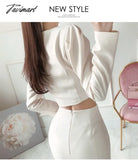 Tavimart Korean Autumn Women 2 Piece Set Office Ol Elegant Square Collar Puff Sleeve Crop Tops +