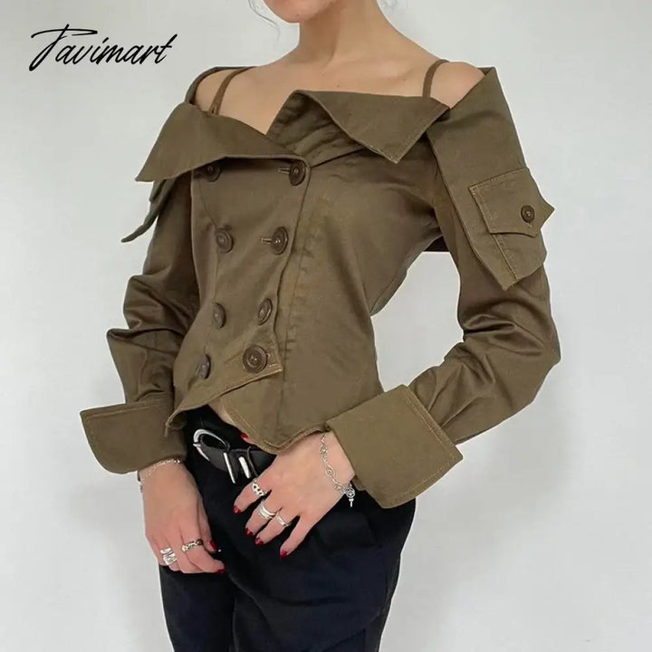 Tavimart - Korean Coquette Aesthetic Women Blouses Autumn Off Shoulder Top Buttons Draped Cropped