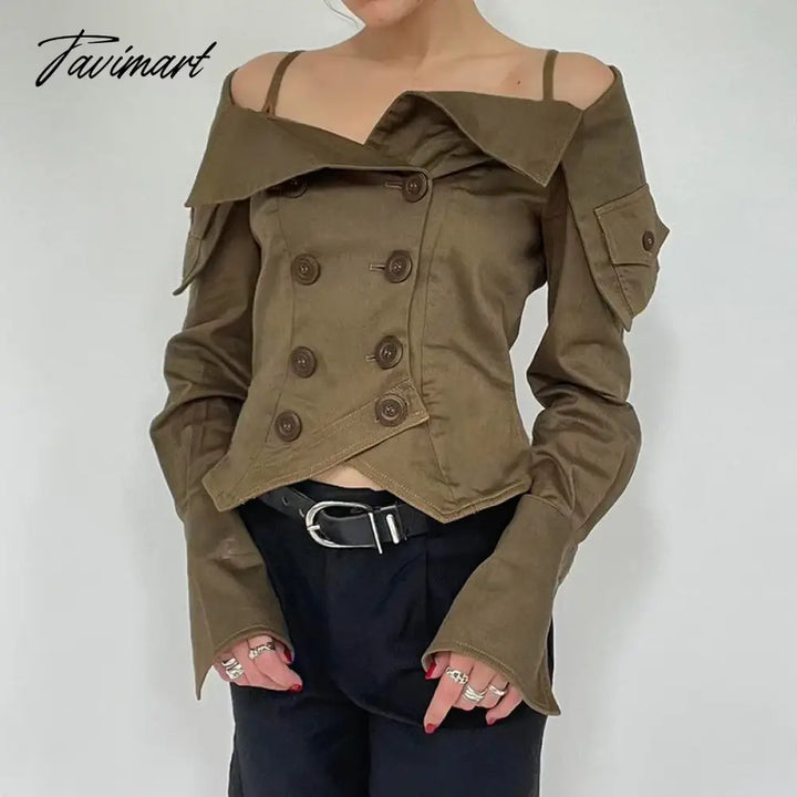 Tavimart - Korean Coquette Aesthetic Women Blouses Autumn Off Shoulder Top Buttons Draped Cropped