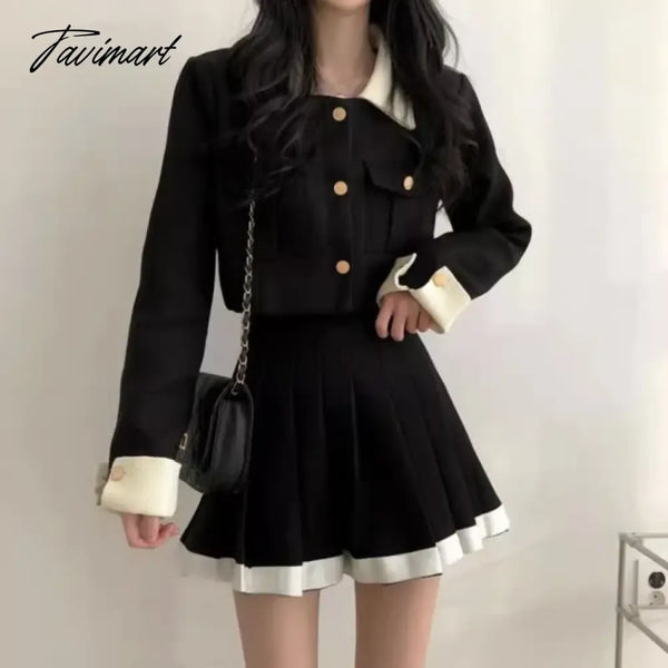 Tavimart Korean Elegant Lapel Neck Long Sleeve Coat Women + Y2K Grunge High Waist Pleated Skirts