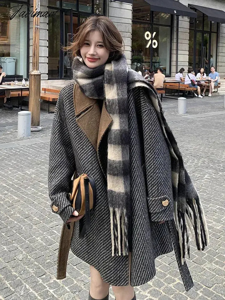 Tavimart Korean Fashion Contrast Collar Lapel Woolen Coats For Women Autumn Winter New High - End