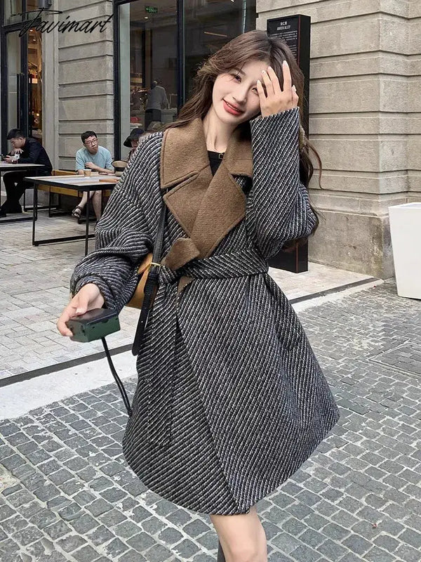 Tavimart Korean Fashion Contrast Collar Lapel Woolen Coats For Women Autumn Winter New High - End