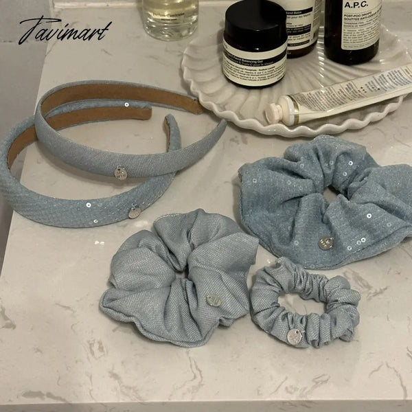 Tavimart Korean Fashion Hair Accessories For Girls Denim Shiny Scrunchies With Sequins Hairband