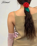 Tavimart Korean Fashion Rose Flower Green Leaf Hair Rope Sweet Cute Summer Travel Romantic