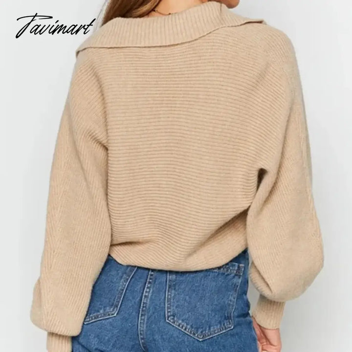 Tavimart Korean Fashion V Neck White Oversize Knitted Sweater Pullovers Casual Long Sleeve Top