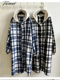 Tavimart Korean Long Jacket Autumn Winter Checker Hooded Loose Button Shirt Women Casual Coat