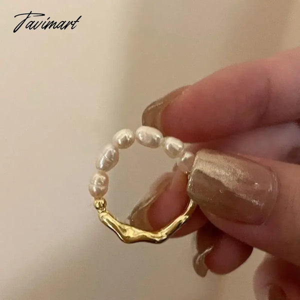 Tavimart - Korean Retro Elastic Rope Pearl Beaded Ring For Women Fashion Party Metal Chain Splicing