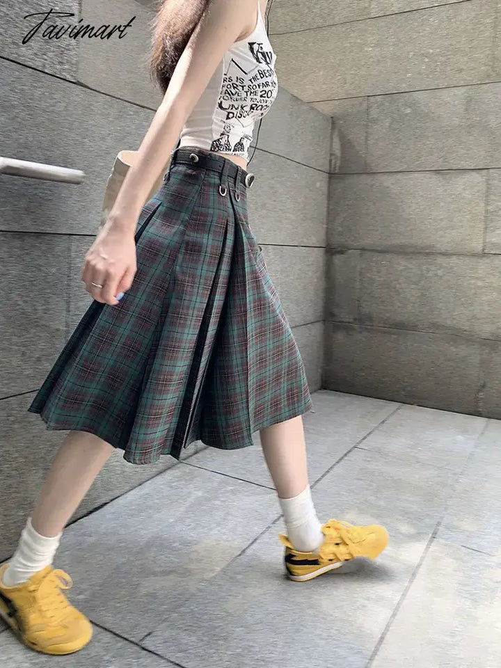 Tavimart Korean Style Preppy Fashion Vintage Plaid Summer Women Midi Skirt High Waist Pleated A -