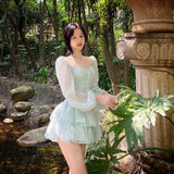 Tavimart Korean Style Sweet Party Mini Dress Women Green Chiffon France Elegant Female Bubble