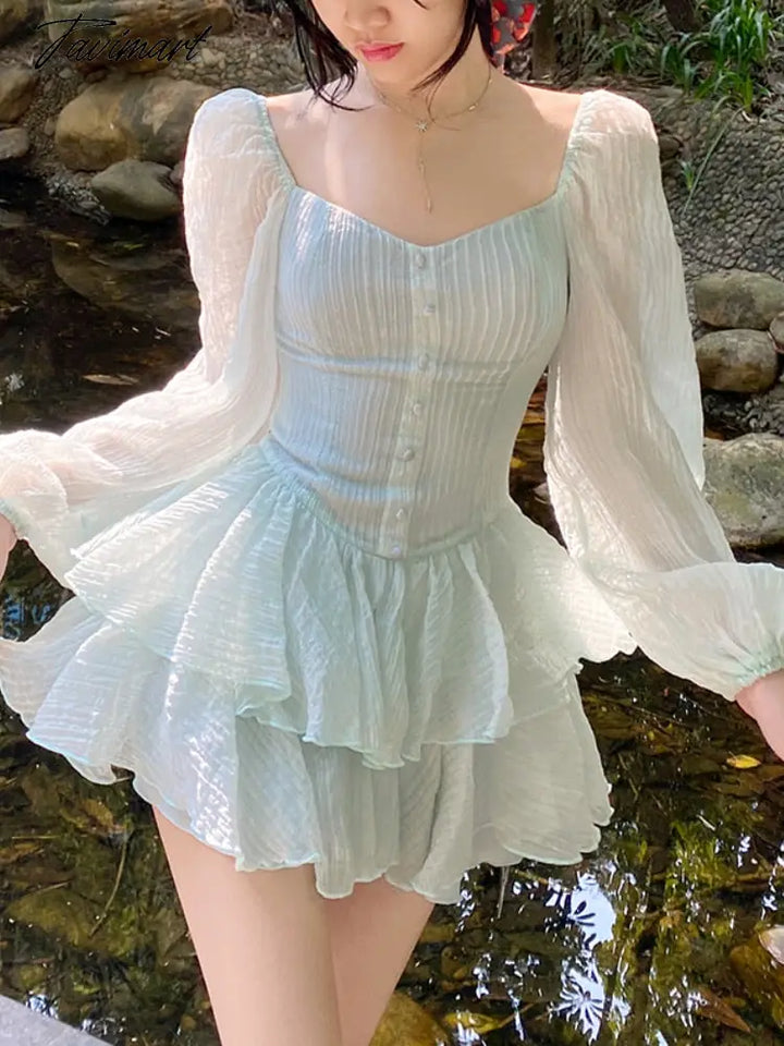 Tavimart Korean Style Sweet Party Mini Dress Women Green Chiffon Franc tavimart Tavimart Korean Style Sweet Party Mini Dress Women Green Chiffon Franc tavimart