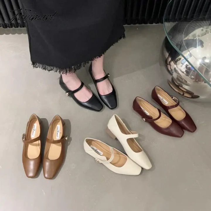 Tavimart - Korean Style Women Flat Women’s Square Toe Retro Single Shoes One Word Buckle Mary