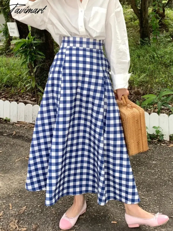 Tavimart Korean Vintage Plaid Long Skirt Women Autumn Chic Elegant Loose Blue Check Cottagecore